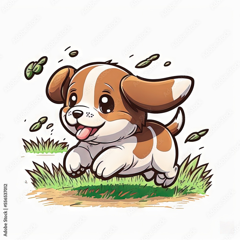 Poster a cartoon dog running through a field of grass with a butterfly flying overhead in the background of