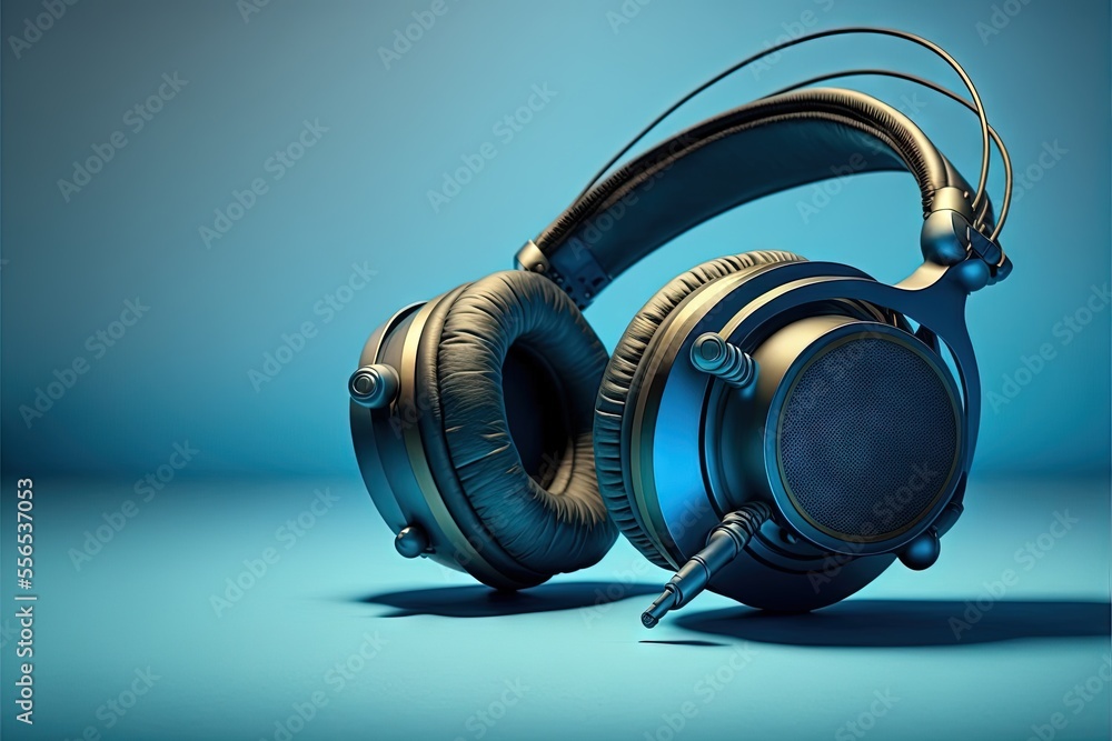 Poster a pair of headphones with a microphone on a blue background with a shadow of a rabbit head on the si
