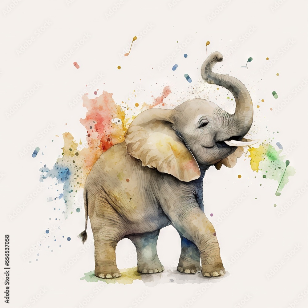 Poster a painting of an elephant with a splash of paint on it's back and trunk. generative ai