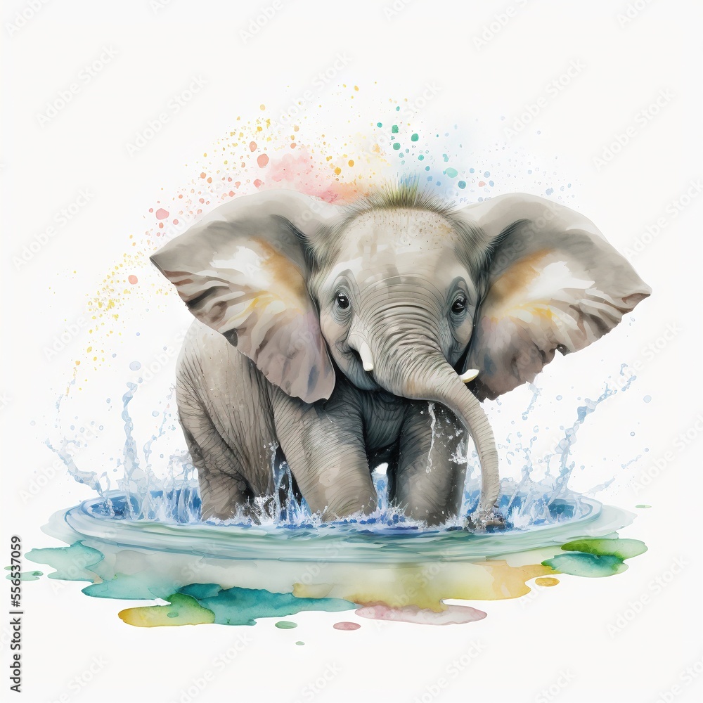 Poster a painting of an elephant in the water with splashes of paint on it's back and trunk. generative ai