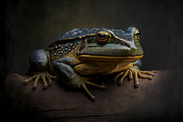 Bullfrog of Africa up close African bullfrog against a dark colored background of wood. Generative AI