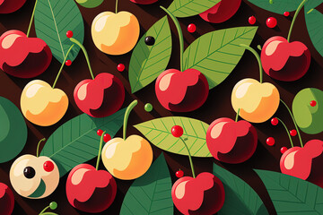 Background of cherry. flat design of cherries. with leaves cherry. Generative AI