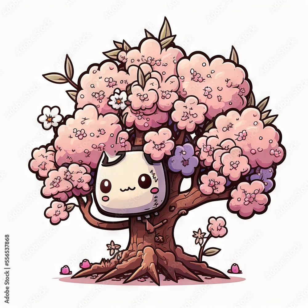 Poster a cartoon character is sitting under a tree with flowers on it's branches and a cat in the middle of
