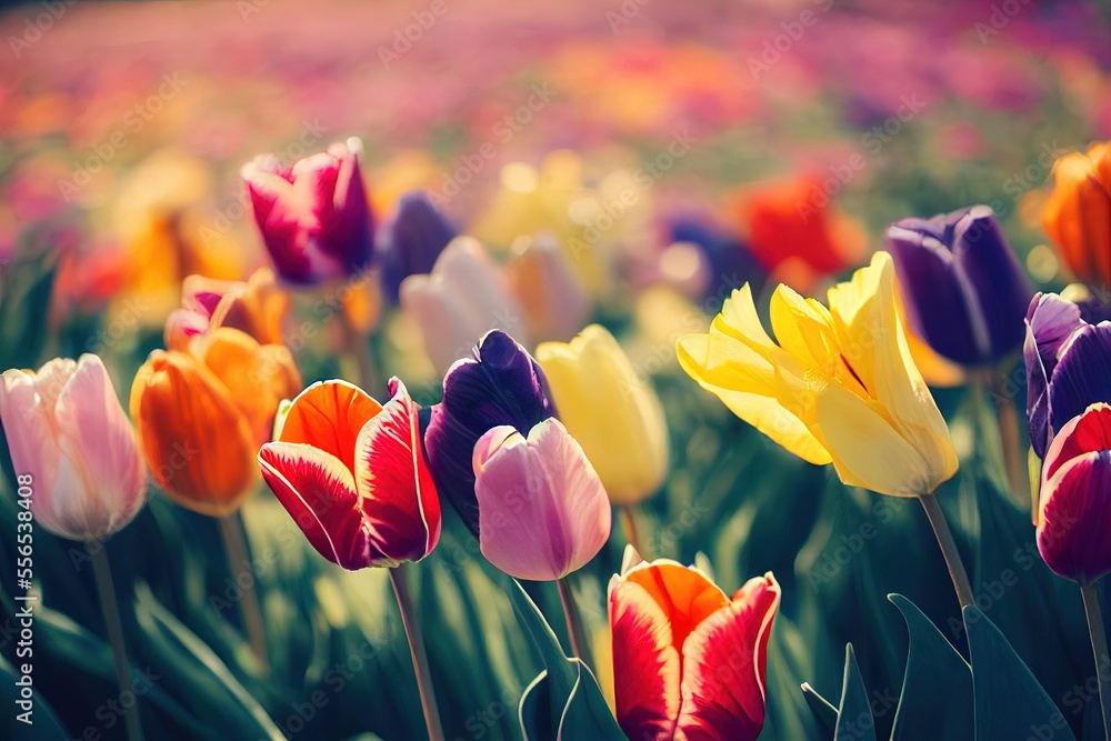 Poster a field of colorful tulips in a field of flowers with a sky background and a pink. generative ai