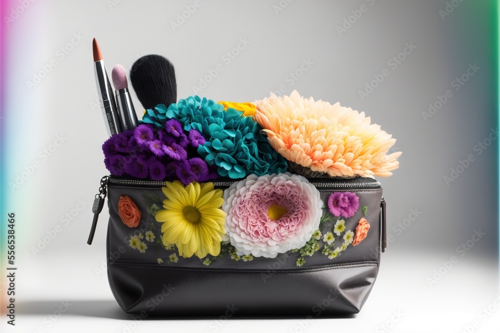 Poster a makeup bag with flowers and brushes in it on a table top with a rainbow background and a rainbow l