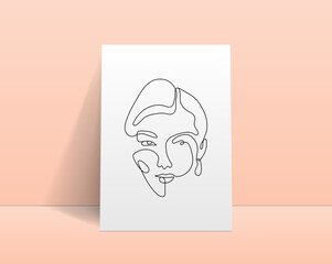 Modern abstract line minimalistic women face arts for wall decoration, postcard or brochure cover design. Realistic cover template. Woman face. One line art. Vector illustrations design