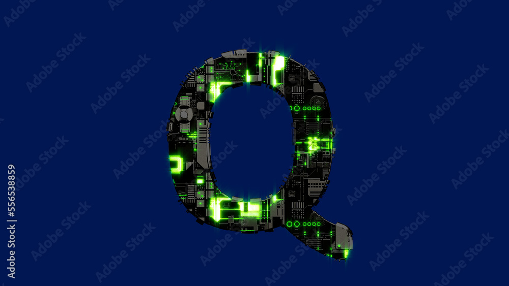 Poster letter q - dark grungy metal scrap font with shining green, isolated - object 3d rendering