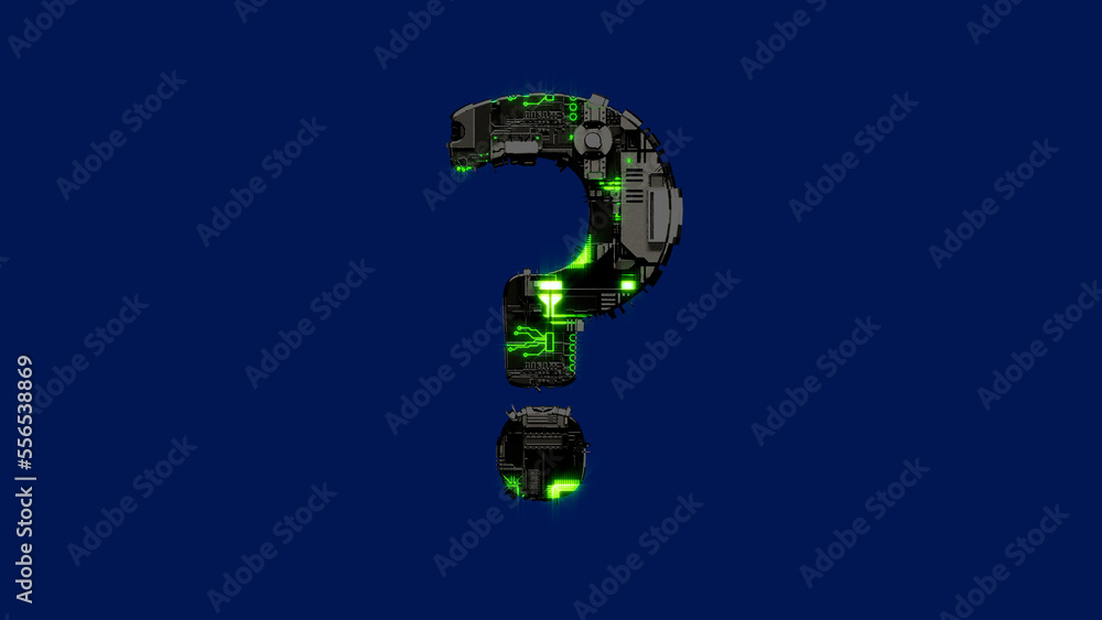 Poster question mark - dark grungy scrap metal font with glowing green, isolated - object 3d rendering