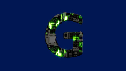 letter G - dark rough metal scrap alphabet with shining green, isolated - object 3D rendering