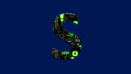 letter S - dark grungy scrap metal alphabet with lighting green, isolated - object 3D rendering