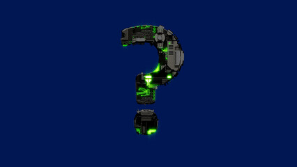 question mark - dark grungy scrap metal font with glowing green, isolated - object 3D rendering
