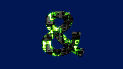 ampersand - dark grungy scrap metal alphabet with glowing green, isolated - object 3D illustration
