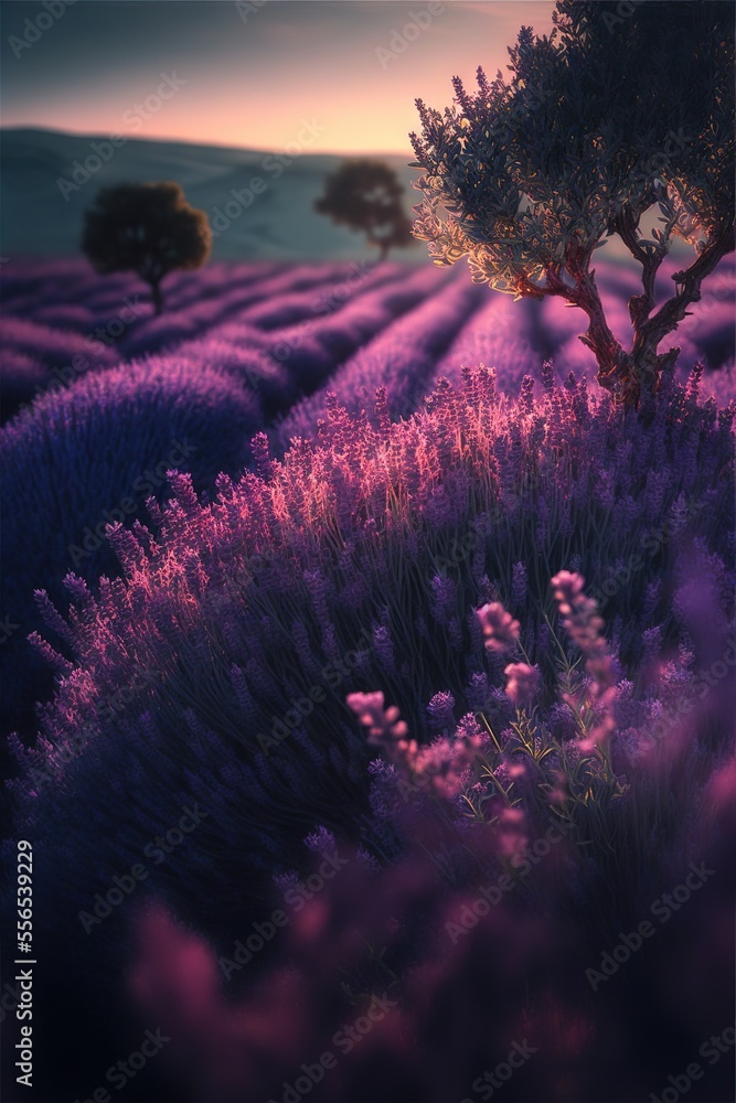 Poster a tree in a field of lavender flowers at sunset with a purple sky in the background and a tree in th