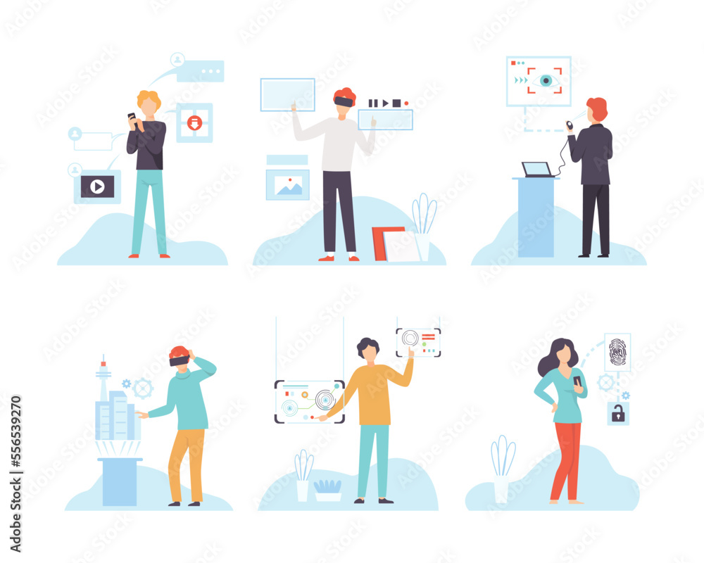Poster man and woman character using wireless digital technology vector set