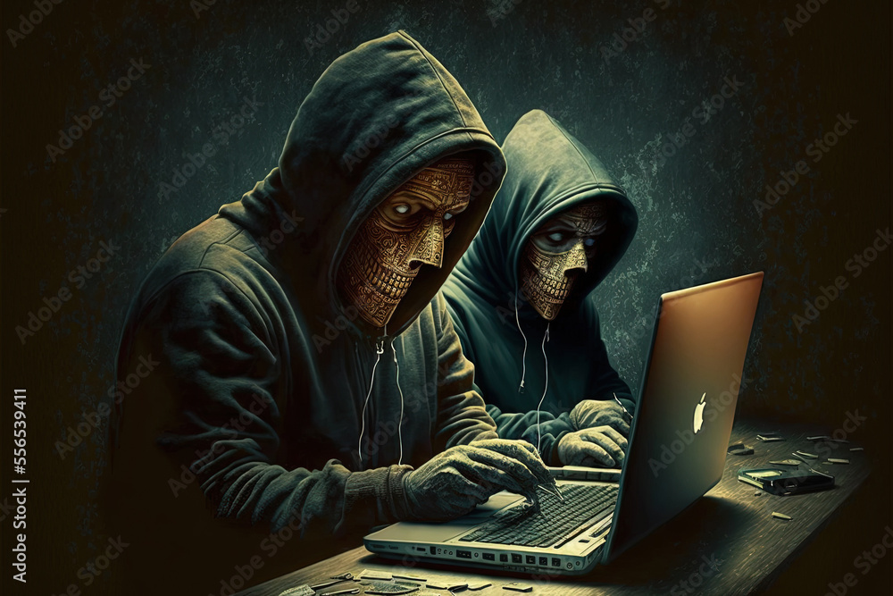 Poster using a laptop computer for password hacking, thieves steal credit cards. generative ai