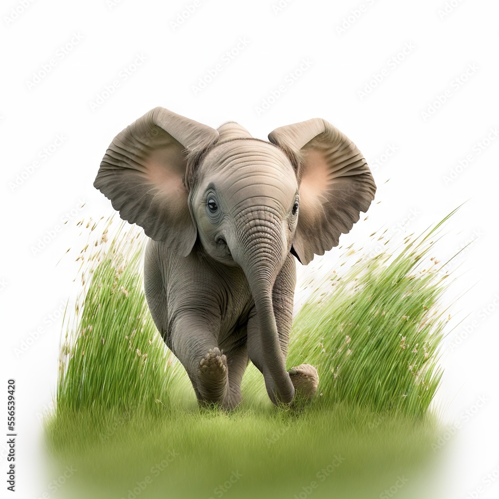 Poster an elephant is walking through the grass with its trunk in the air and its eyes closed. generative a