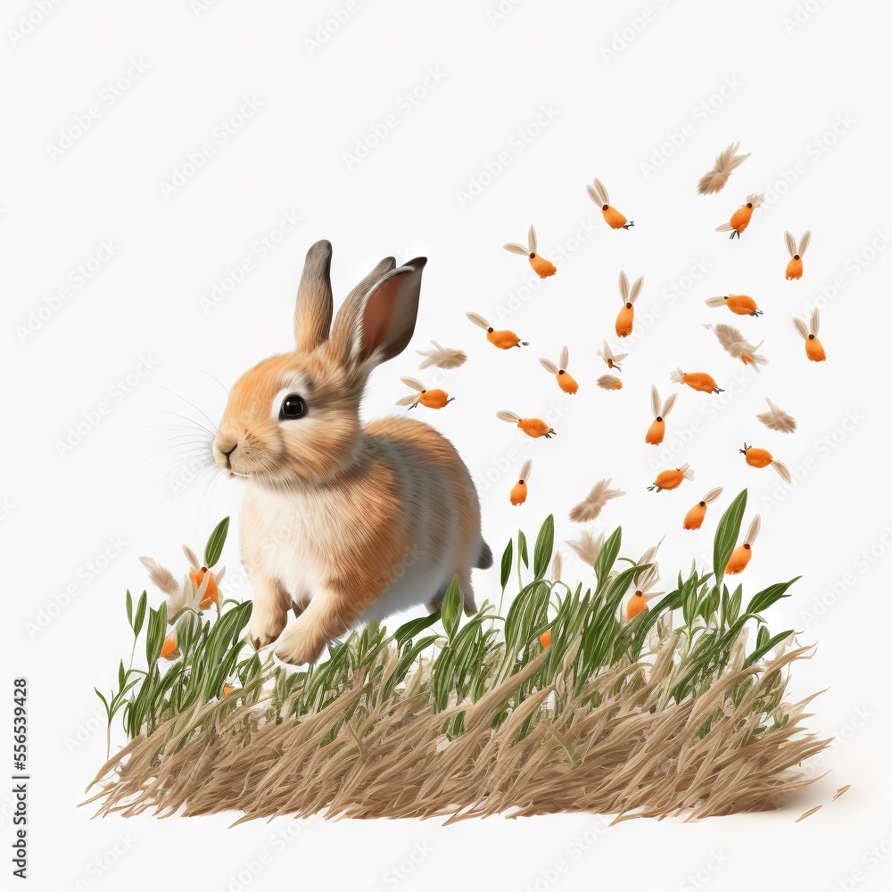 Poster a rabbit is running through a field of grass and goldfishes in the air above it is a white backgroun