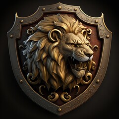  a lion's head is shown in a decorative shield with gold accents on a black background. generative ai