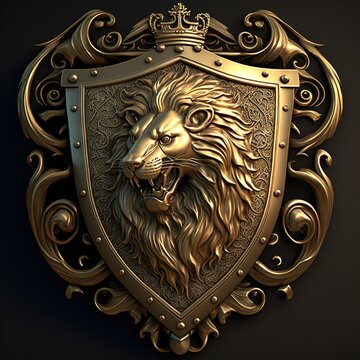  a golden lion head with a crown on it's head is in a decorative shield on a black background. generative ai
