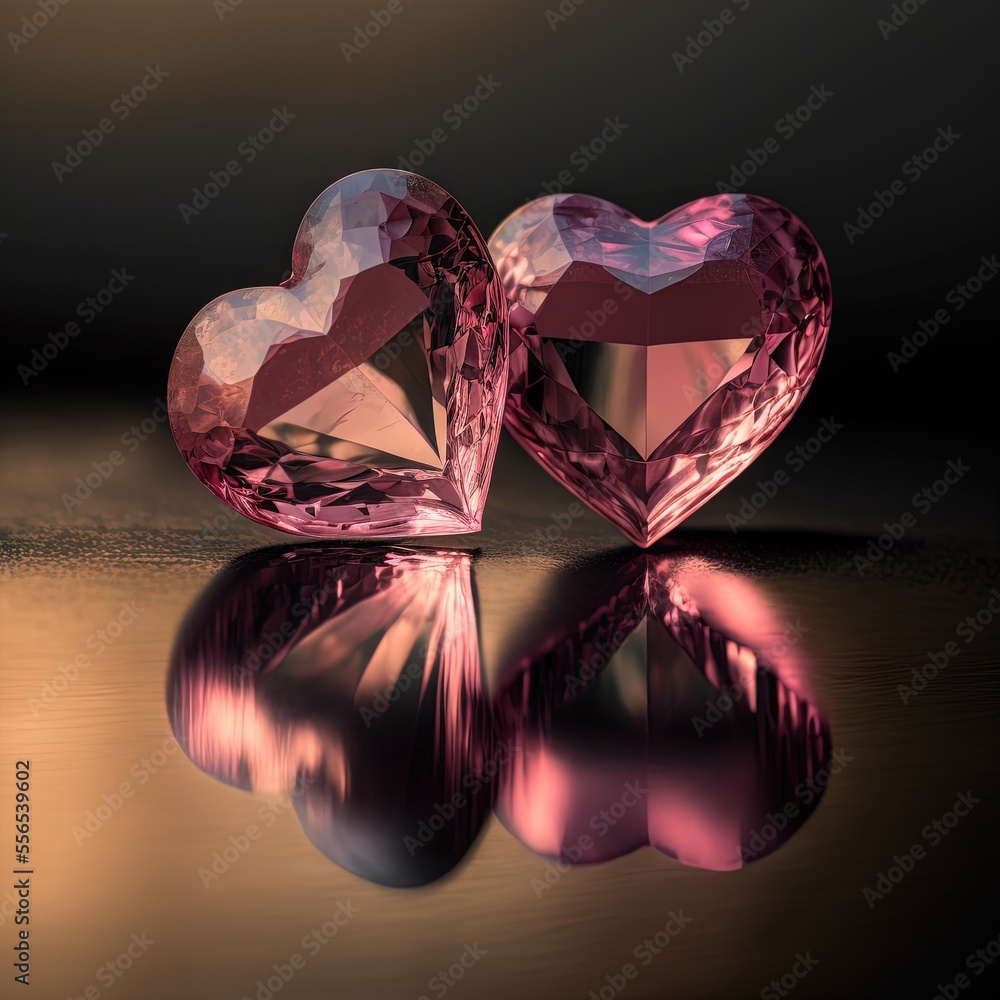Poster two pink hearts sitting on top of a table next to each other on a reflective surface with a reflecti