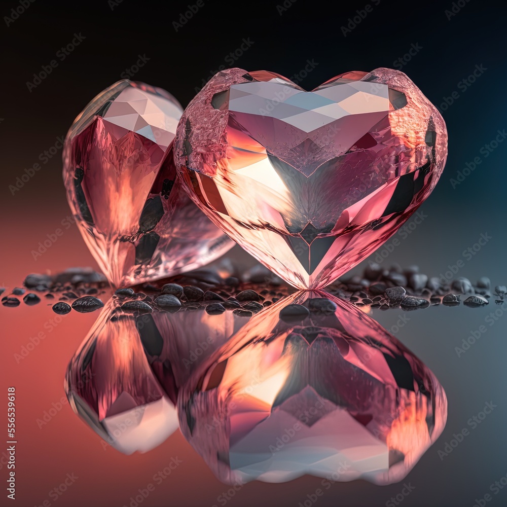 Poster two pink hearts are on a reflective surface with water droplets around them and a reflection of the 