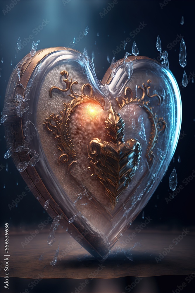 Poster a heart shaped box with a golden crown inside of it on a table with water droplets around it and a l