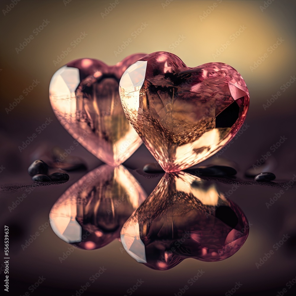 Poster two hearts shaped like diamonds sitting on top of a table next to a mirror surface with water reflec