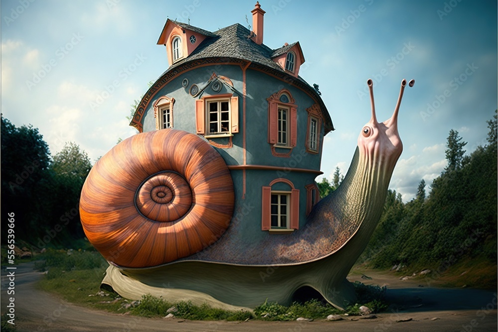 Poster a snail house with a large snail on the front of it's shell and a small house on the back of it. gen