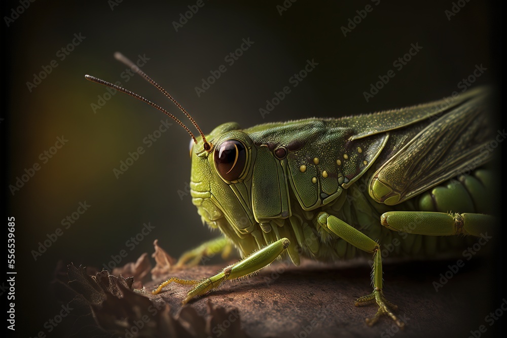 Poster  a close up of a grasshopper on a leafy surface with a black background and a green background. Generative AI