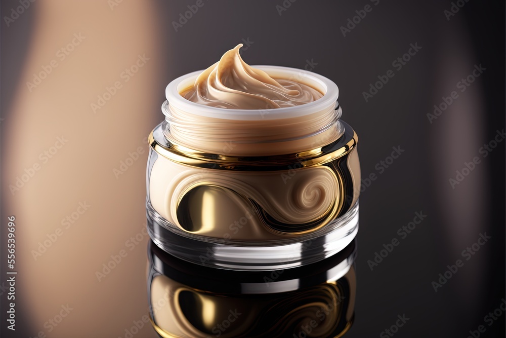 Poster a jar of cream with a liquid inside of it on a black surface with a reflection of a person. generati