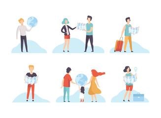 People Characters with Globe and Map Planning Travel Vector Set