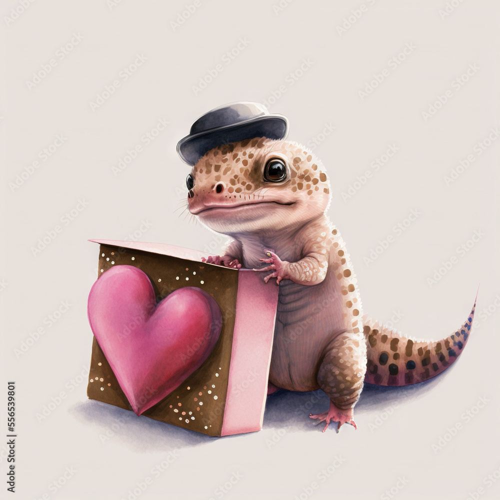 Poster a gecko with a hat and a gift box with a heart on it's side. generative ai