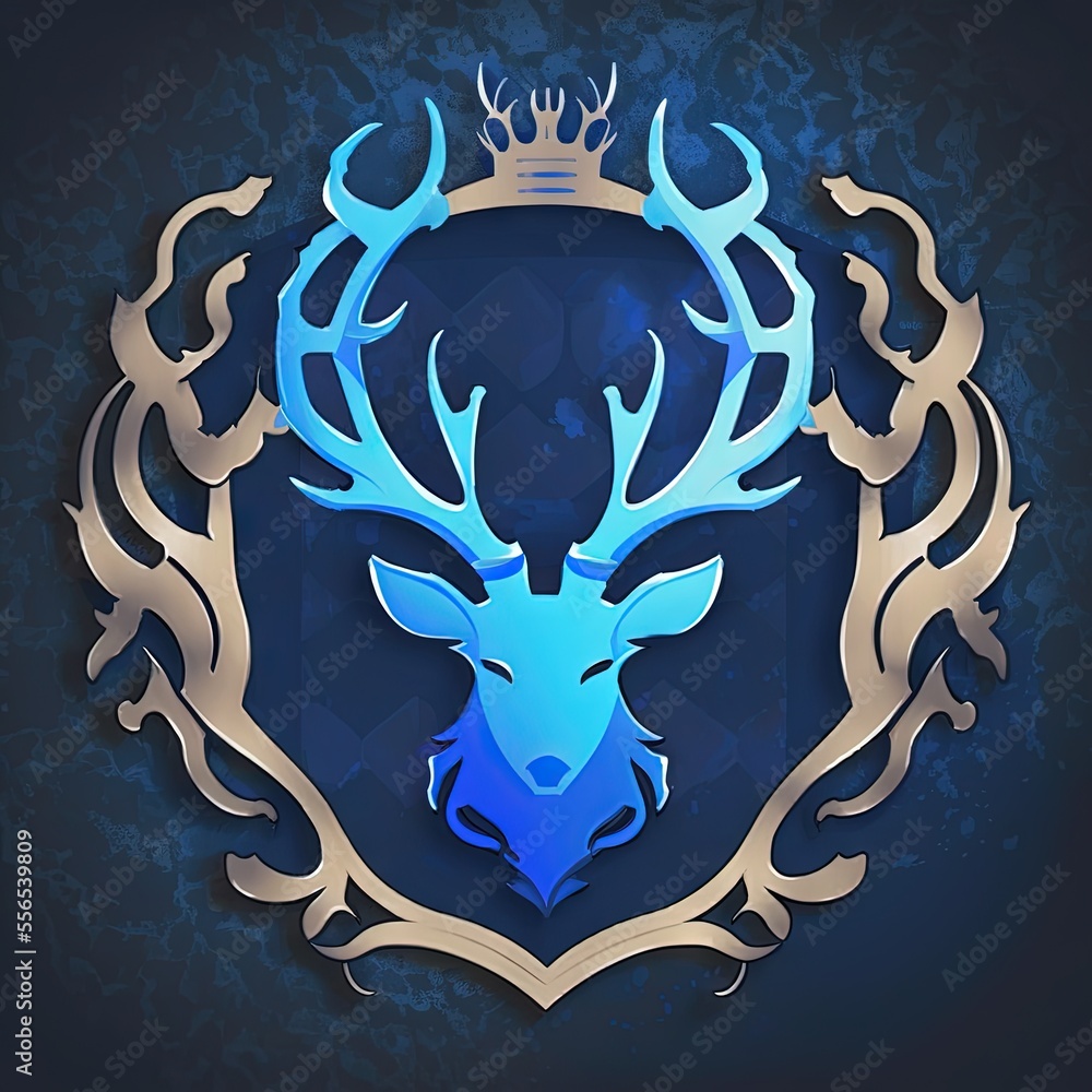 Poster a deer with a crown on its head in a frame with a pattern on it's back and a blue background. genera