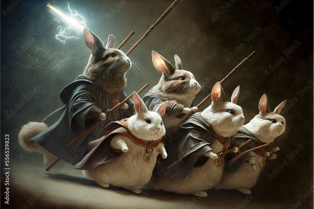 Poster a painting of rabbits dressed in robes and holding swords with lightning in the background and light