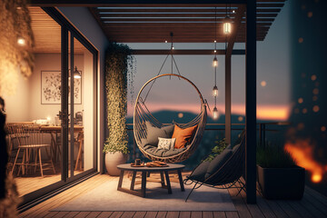 At dusk in the summer, a comfortable rooftop patio area with a lounging area, a hanging chair, and string lights is there. Generative AI - obrazy, fototapety, plakaty