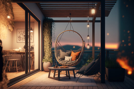At dusk in the summer, a comfortable rooftop patio area with a lounging area, a hanging chair, and string lights is there. Generative AI