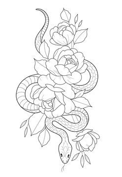 hand drawn sketch snake of flowers tattoo 