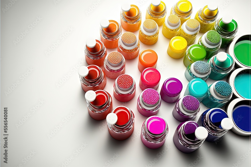 Poster a group of paint cans with different colors of paint on them and a white background with a white bor
