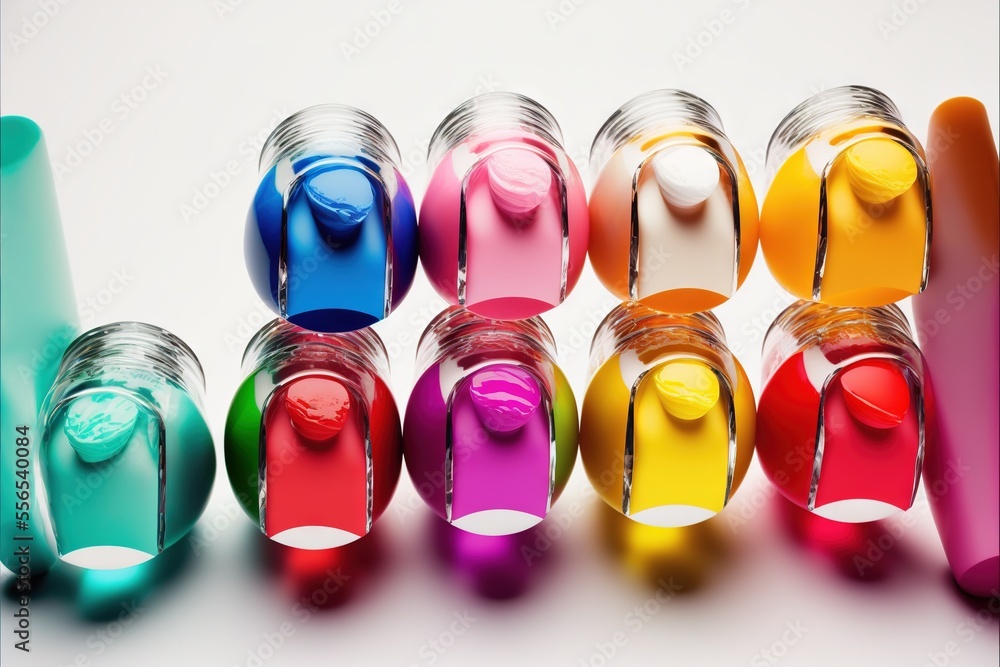 Poster a group of colorful bottles of liquid sitting next to each other on a white surface with a white bac