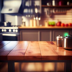 Wooden table on blurred kitchen background. Generative AI