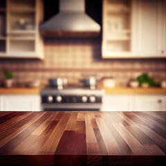 Wooden table on blurred kitchen background. Generative AI