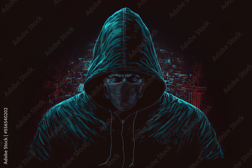 Poster cyber assault illustration using a cloaked hacker from the dark web. generative ai