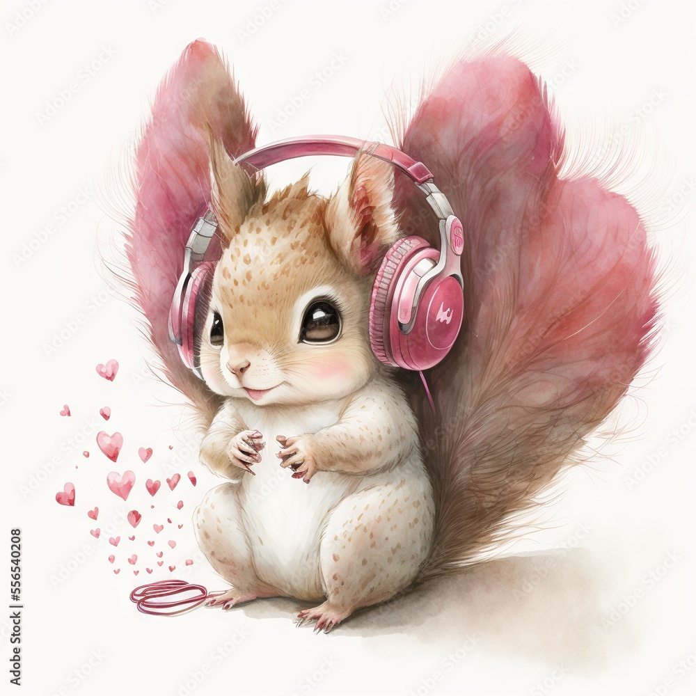 Poster a squirrel with headphones on and a heart shaped object in the background. generative ai
