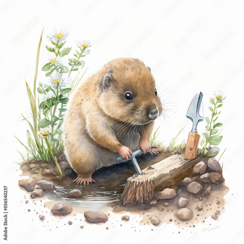 Poster a painting of a rodent digging in a hole with a tool in it's hand and a flower in the background. ge