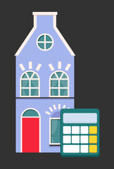 Blue color house. House vector icon with calculator in flat style isolated on black background