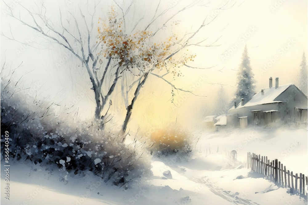 Poster a painting of a snowy landscape with a house and a tree in the foreground and a fence in the foregro