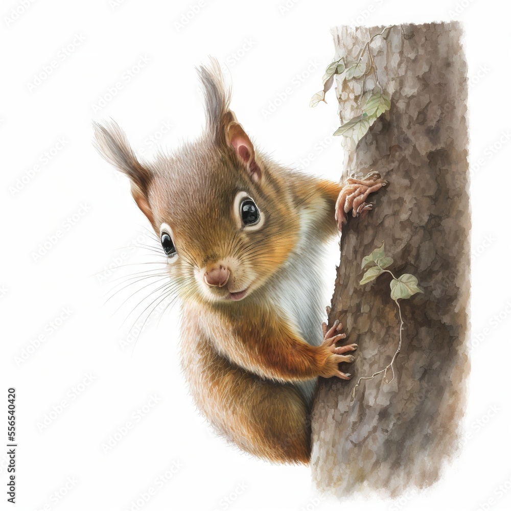 Poster a painting of a squirrel on a tree branch with a white background and a white background behind it. 