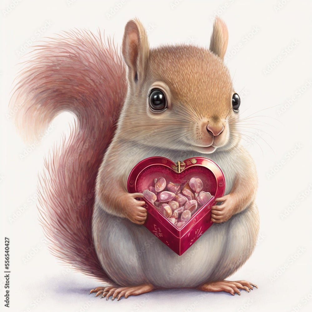 Poster a squirrel holding a heart shaped box of nuts in its paws and looking at the camera with a smile. ge