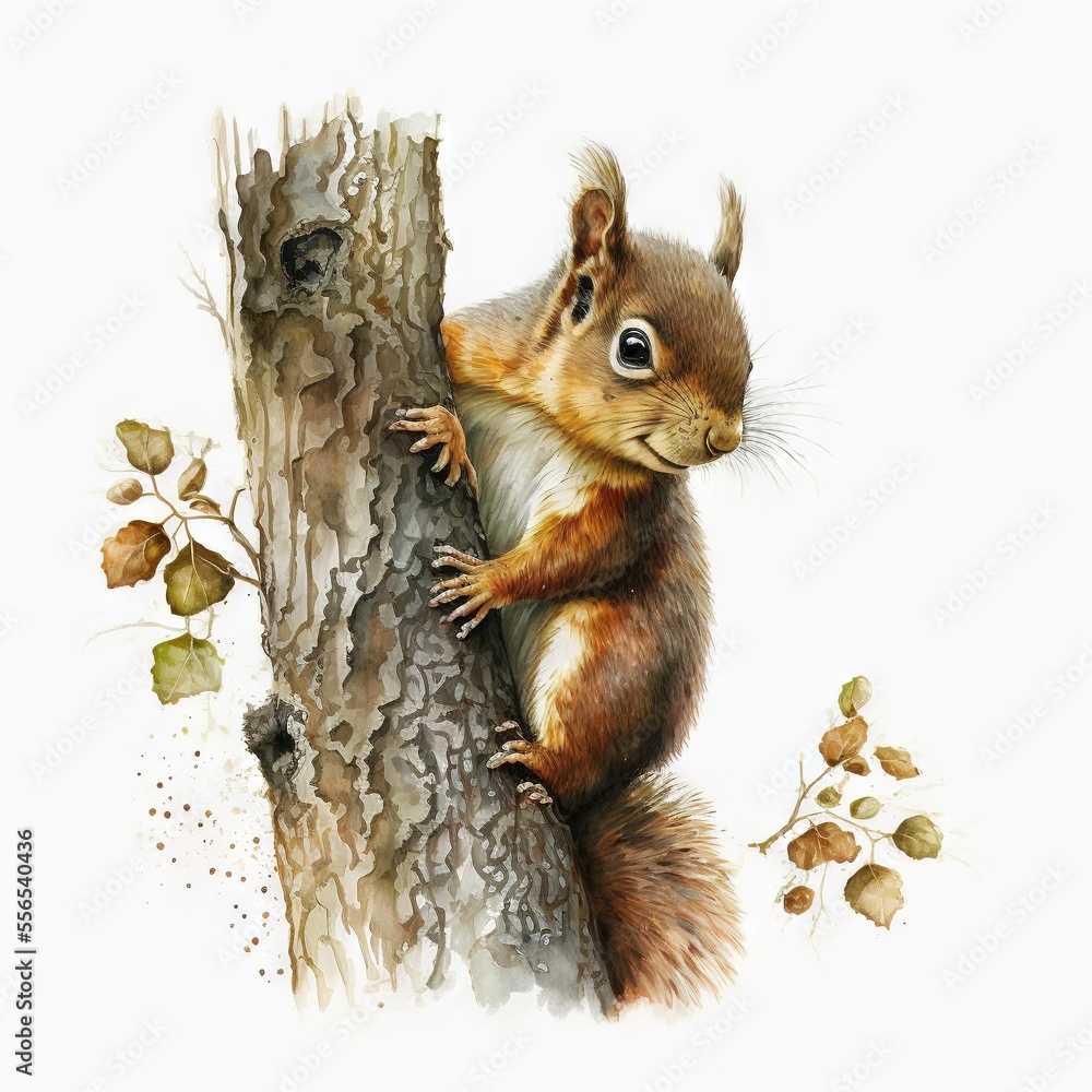 Poster a painting of a squirrel on a tree trunk with leaves around it and a white background behind it. gen