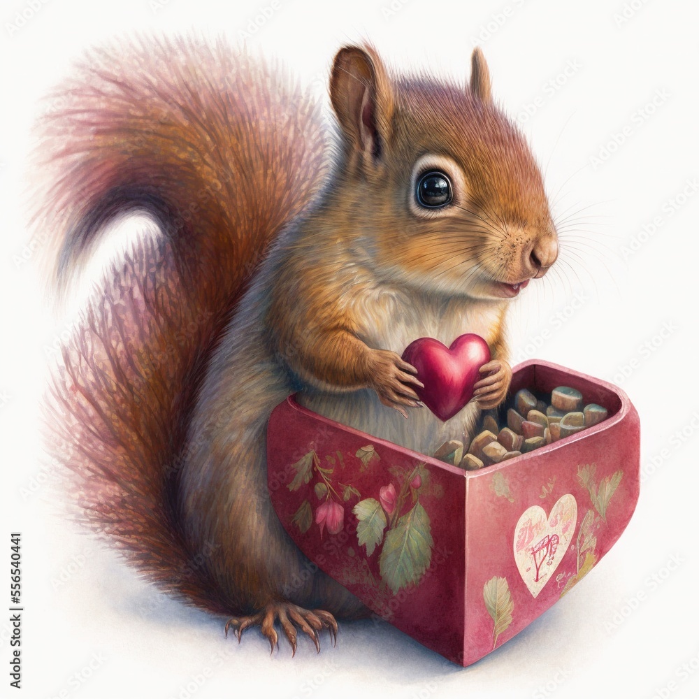 Poster a squirrel is holding a heart in a box of nuts and nutshells. generative ai